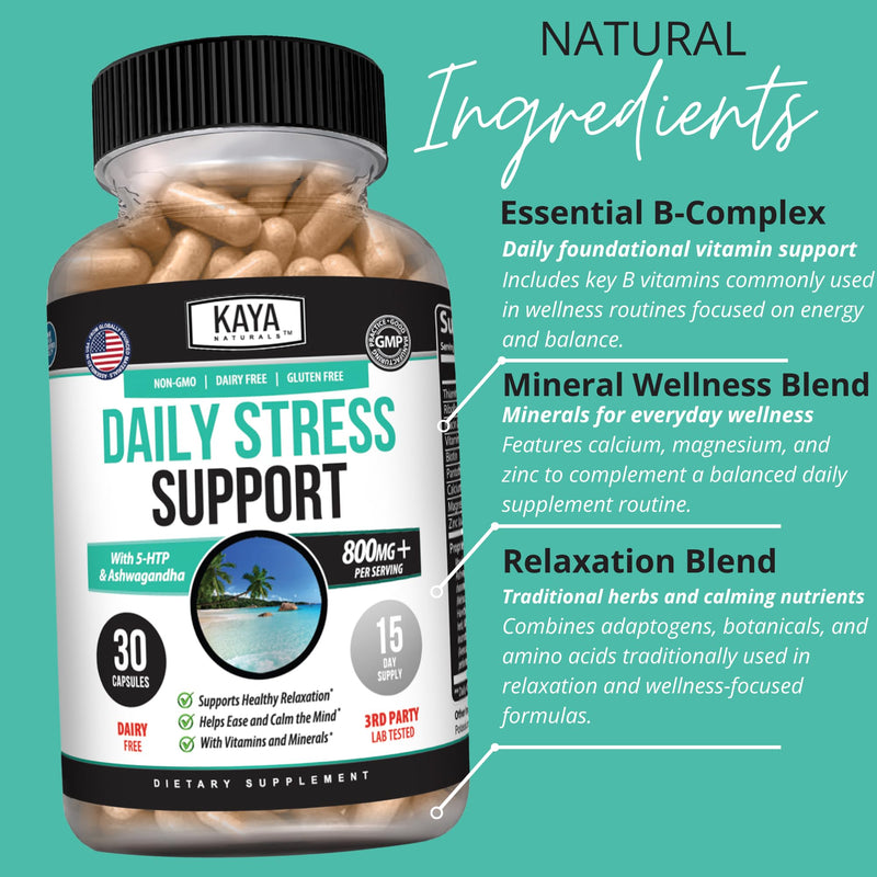 Kaya Naturals - Natural Herbal Stress Relief Support Vitamin Supplement to Relax and Calm the Mind - Boost Mood - Happy Pills - Anxiousness Support - 30 Capsules 30 Count (Pack of 1)