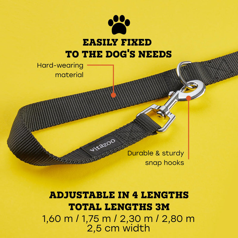 vitazoo dog leash - 3mx2.5cm - nylon graphite leash with carabiners for small, medium and large dogs - adjustable leash with 4 different lengths in black for your dog 3m - BeesActive Australia