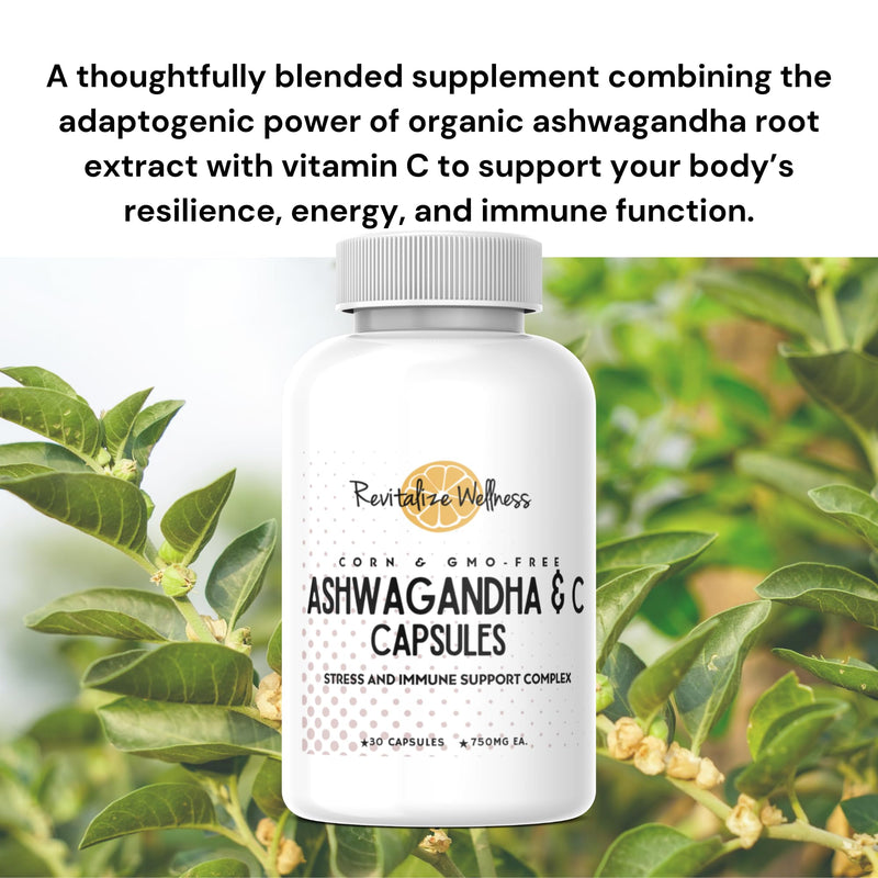 Ashwagandha + Vitamin C Capsules | Stress and Immune Support Complex | with 550 mg Ashwagandha and 200 mg Vitamin C per Serving | 30 Servings