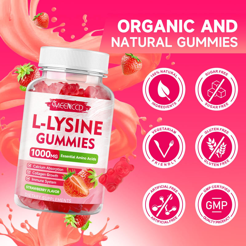 MEENCCD 2 Pack L-Lysine 1000mg Gummies, Lysine Supplement for Adults & Kids, Essential Amino Acid for Oral & Lips Health, Boost Immune & Calcium & Collagen, Sugar-Free, Strawberry Flavor, 120 Count 60 Count (Pack of 2)
