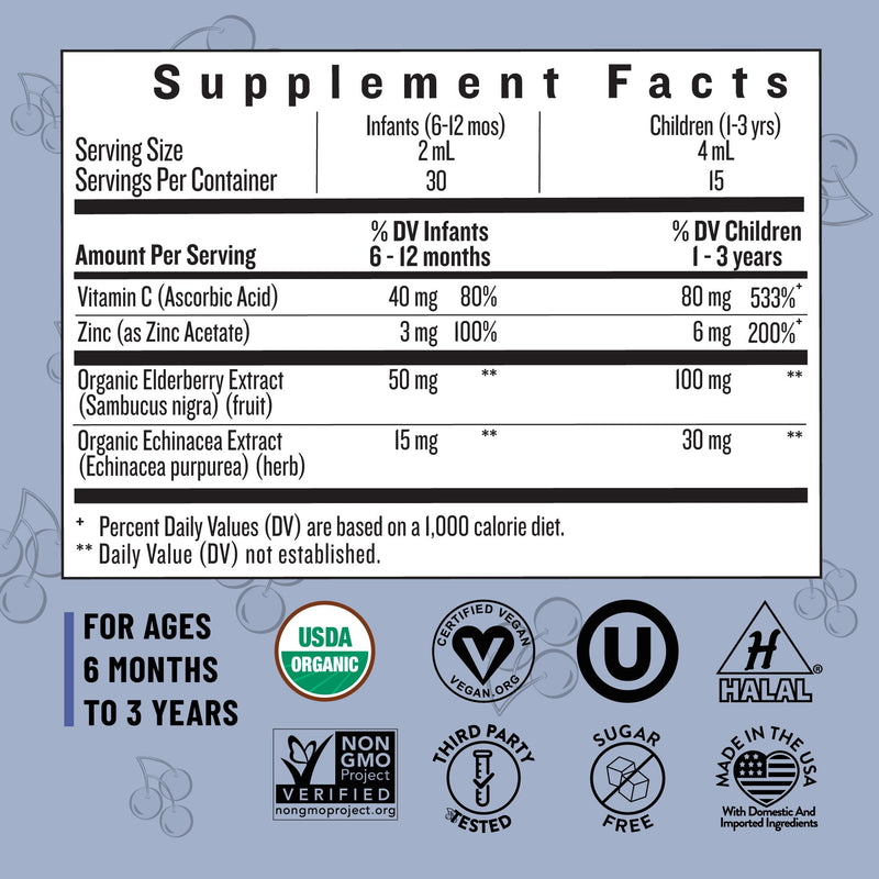 Legendairy Milk Organic Baby Elderberry Syrup Drops, Vitamin C & Zinc 2oz | Sugar-free multivitamin drops with Echinacea support daily immune health for babies 6 months+. Mixes easily with food