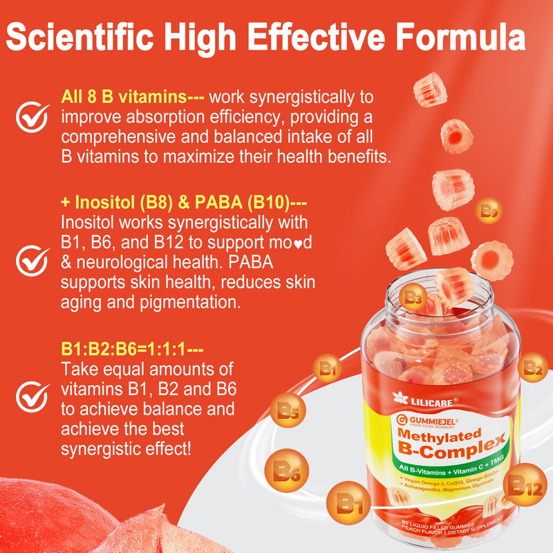 Super Methylated Vitamin B Complex Gummies, All B Vitamins + Omega-3,CoQ10 | Magnesium, Ashwagandha, Vitamin C, TMG- For Women Men- Methyl B12 2000 mcg, Methylfolate, B1, B2, B3, B5, B6, B7- Sugar Free 60 Count (Pack of 1)