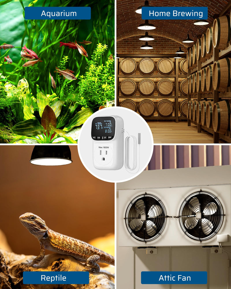 DEWENWILS Digital Temperature Controller, Heavy Duty 15A/1800W Thermostat Outlet Plug, VA Display Heating Cooling Control Timer, -40℉~210℉, Cyclic Timing/Countdown, for Greenhouse Incubator Homebrew White 1 Pack - BeesActive Australia