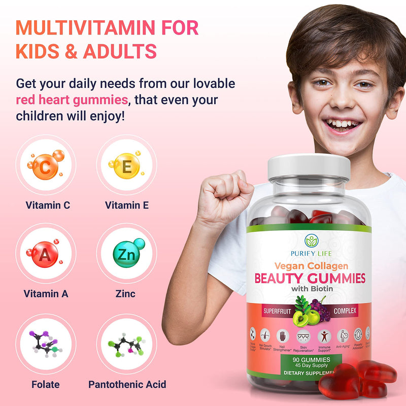Vegan Collagen Booster Gummies with Biotin, Support Hair, Skin, Nail Health | Collagen support superfruit complex with vitamin A, E, C & biotin - tasty alternative to capsules & pills, vegan, made in USA Beauty Gummies