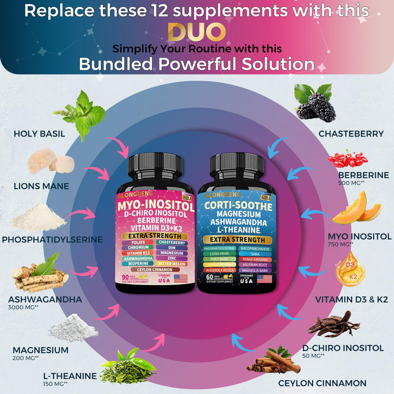 Soothe-Smooth Bundle,Soothe & Smooth Bundle Multivitamin Combo, Cortisol Support Myo-Inositol Multivitamin Combo with Magnesium Glycinate, Ashwagandha, L-Theanine & Herbal Blend - D