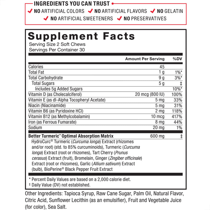 Force Factor Better Turmeric Joint Support Supplement for Extra Strength Joint Health, Featuring HydroCurc Turmeric Curcumin with Black Pepper for Superior Absorption, Fruit Splash, 60 Soft Chews 60 Count (Pack of 1) - BeesActive Australia