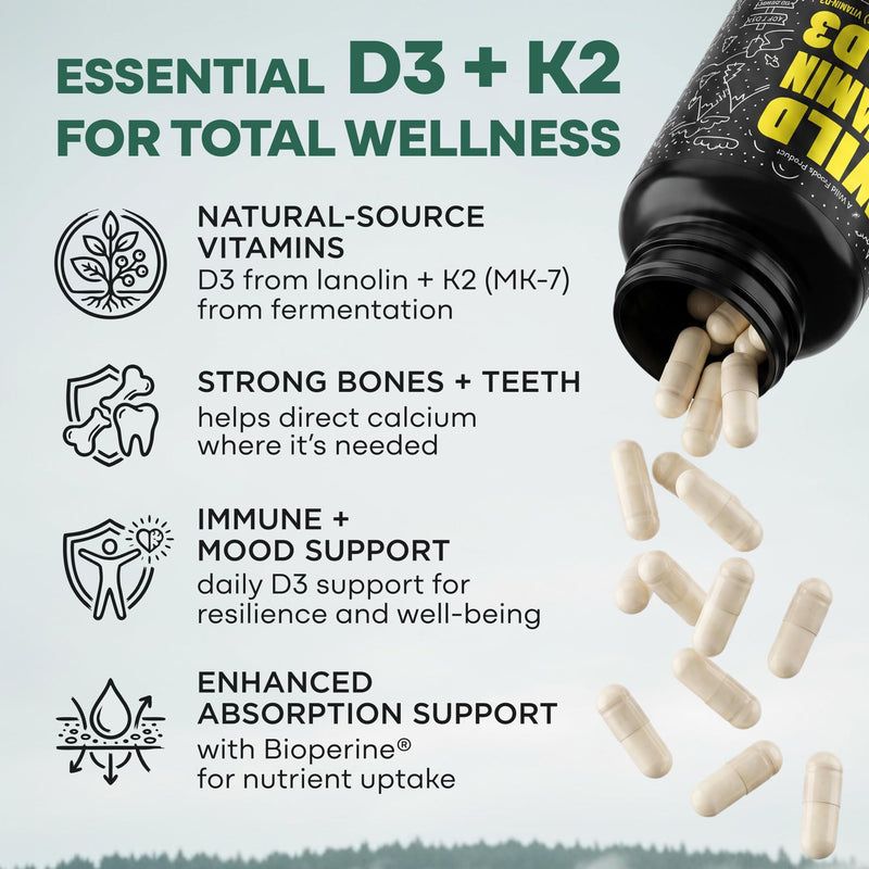 Wild Foods Vitamin D3 + K2 5000iu (100mcg MK7), Bone & Heart Health, 60 Ct | With Black Pepper Extract for Absorption, Plant-Based, Non-GMO, Soy & Gluten-Free, Worldwide Sourced 60 Count (Pack of 1)