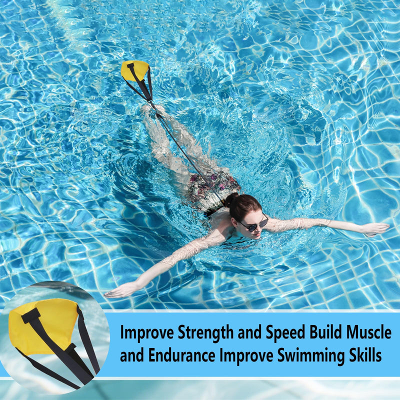 Adjustable Swim Parachute Belt - Resistance Training Stationary Swimming Belts Set for Swimmers Build Speed & Endurance for Pool, Ocean Water Yellow