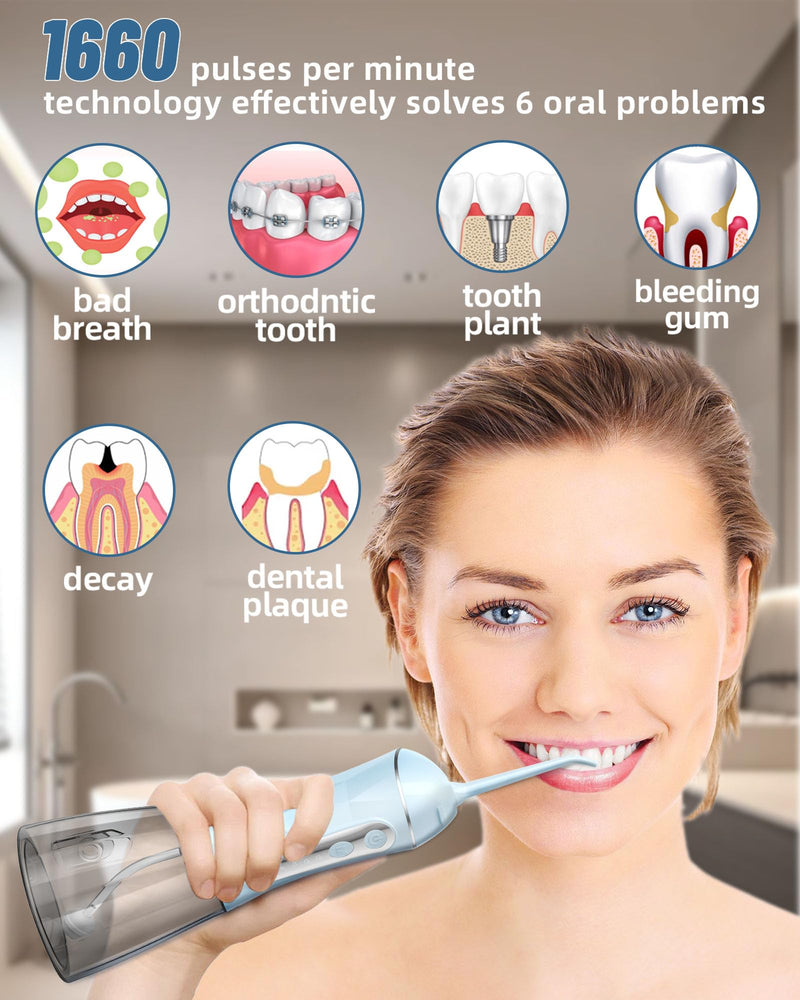 Electric Water Dental Flosser - Cordless Portable Teeth Cleaner, Rechargeable 320ML Larger Water Tank Oral Irrigator, 4 Modes with 5 Jet Tips and Travel Bag, IPX7 Waterproof (Blue) Blue