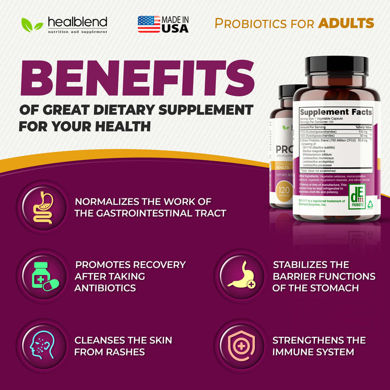 healblend Probiotic Caps Dietary Supplement Capsules, Probiotic for Women and for Men Digestive Health, Immune System Support, Non-GMO, Gluten-Free, 120 Veg Caps 1