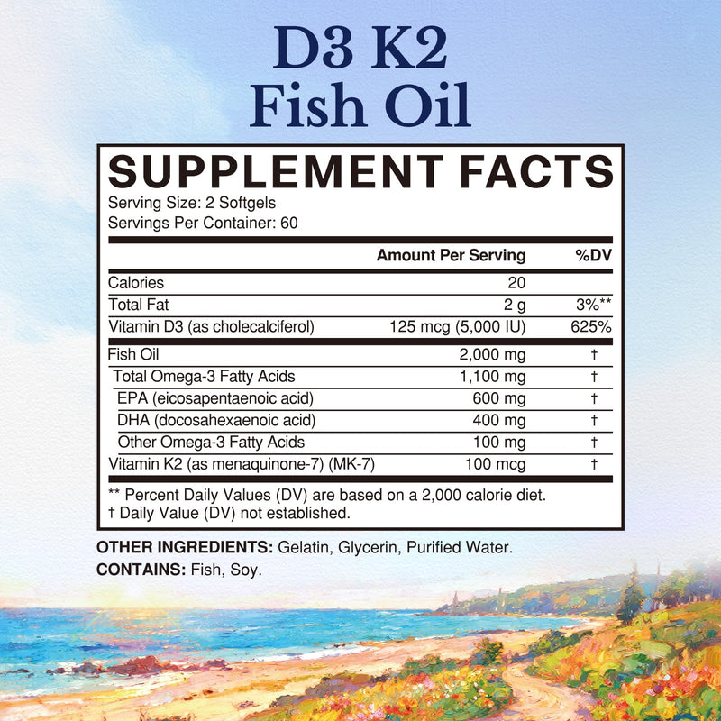 Vitalitown Vitamin D3 K2 with Fish Oil Omega-3 Supplements, 1000mg EPA DHA Omega 3 Fatty Acids from Fresh Wild Caught Fish, Support for Heart & Brain Health, 120 Softgels