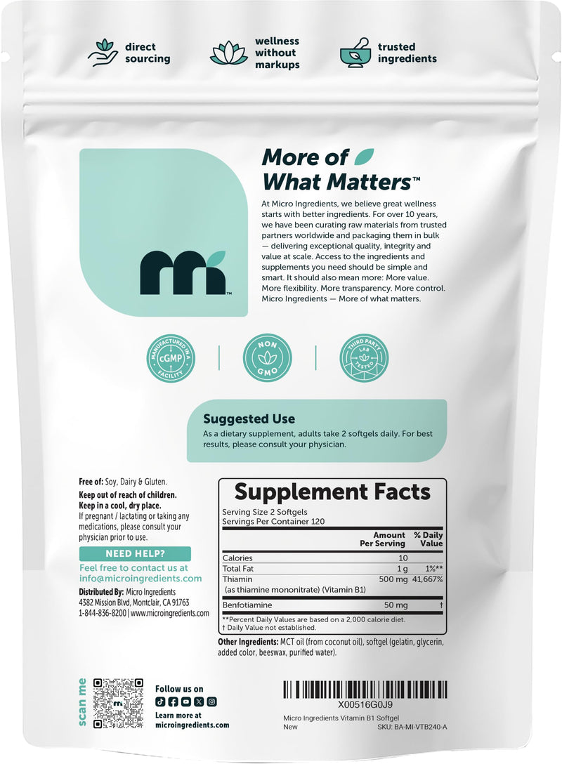 Micro Ingredients Vitamin B1 Thiamine 500mg Per Serving, 240 Softgels | With Benfotiamine | Made with MCT Oil | Fat & Water Soluble Forms of Vitamin B1 | Thiamine Supplement | Non-GMO, Gluten Free