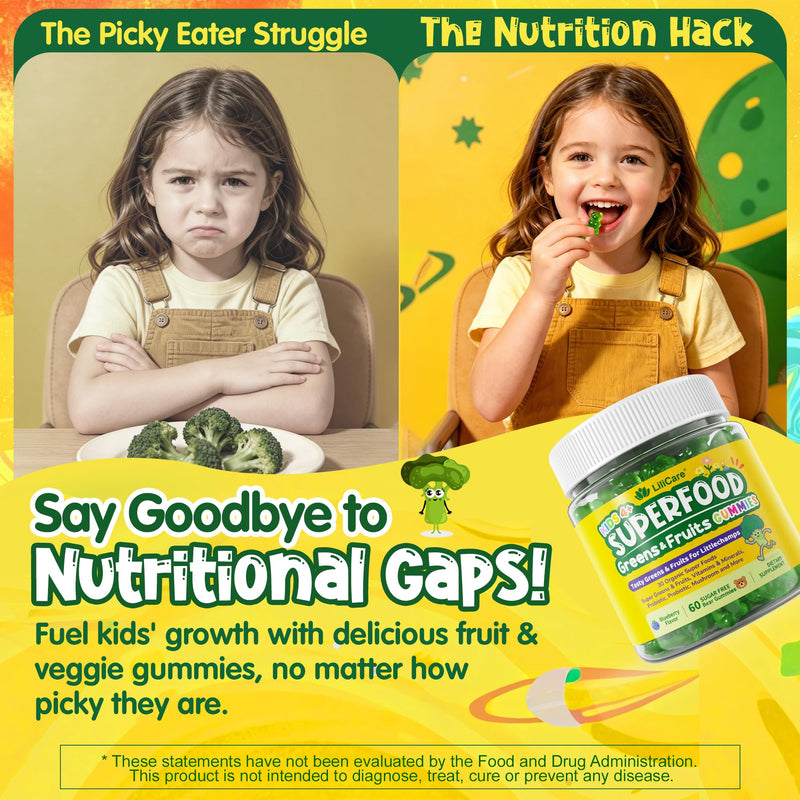 Kids Multivitamin Gummies w/Super Greens, 30 Veggie, Fruit, Iron, Daily Vitamin A C E D3 B12, Zinc, Probiotic, Shiitake, Kids Vitamins for Picky Eater Growth, Immunity, Digestion, Sugar Free, 60Cts