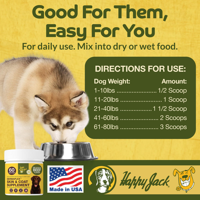 Happy Jack Dermaplex Skin & Coat Supplement Powder for Dogs (60 Servings) Made in USA, Supports Hair Regrowth After Eczema or Mange, Omega-Rich Formula for Shiny Coat and Healthy Skin