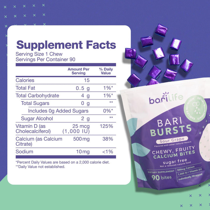 Calcium Citrate Bariatric Calcium Chews with 1000 IU Vitamin D3 - Ideal for Bariatric Patients - BariBurst by Bari Life (Sour Grape) Sour Grape 90 Count (Pack of 1)