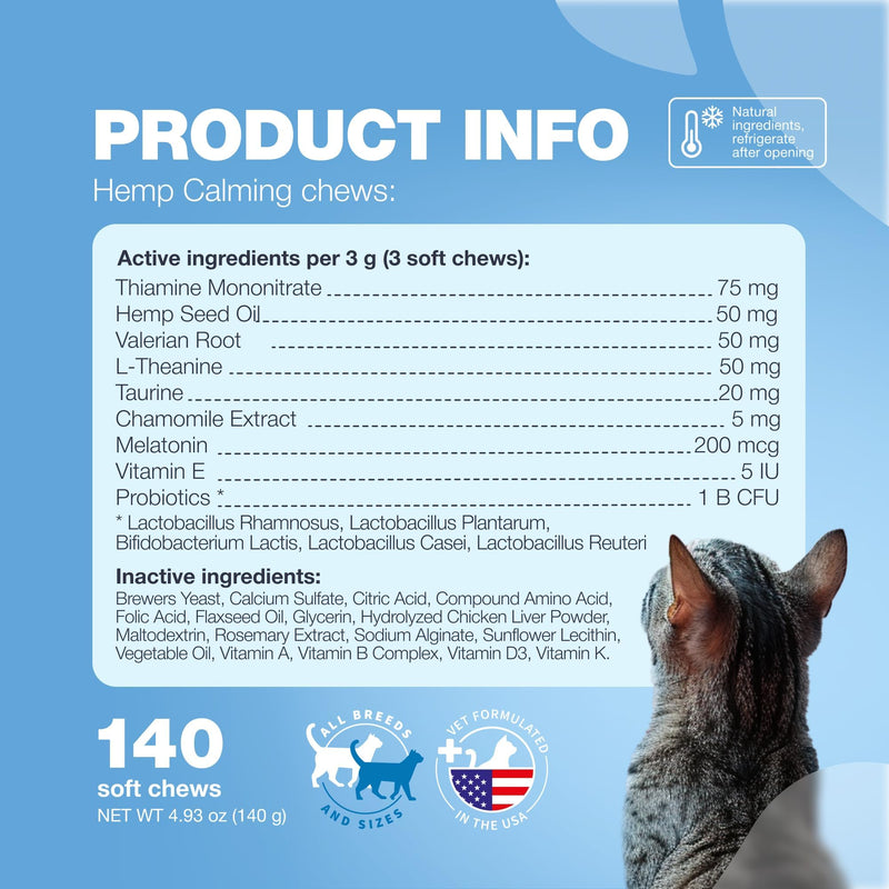 Cat Calming Treats - Hemp Calming Care for Cats - Cat Melatonin Soft Chews with Hemp Seed Oil and Probiotics - Cat Anxiety Relief - Storms, Travel, Grooming, Separation - Calming Chews for Cats 140 count