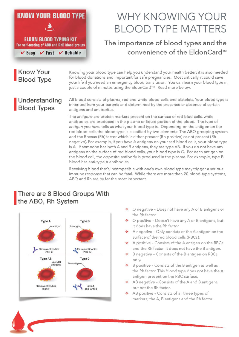 Eldoncard INC Blood Type Test (Complete KIT) - Find Out if You are A, B, O, AB & RH- Results in Minutes - Air Sealed Envelope, Safety Lancet, Micropipette, Cleansing Swab - 1 Pack - BeesActive Australia