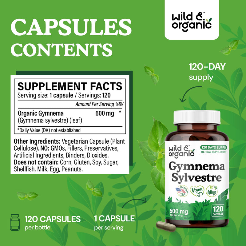 Wild & Organic Gymnema Sylvestre Capsules 600 mg - Overall Support - Natural Gymnema Supplement - Gurmar Herb Powder - 120 Days of Supply - Vegan, No Fillers, Non-GMO - 120 Count - BeesActive Australia