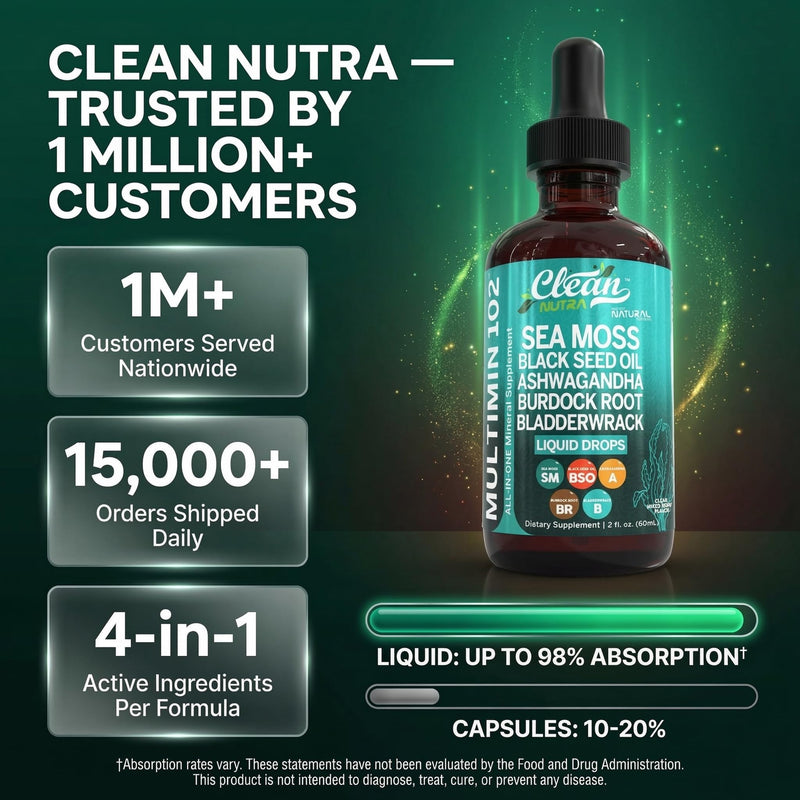 Clean Nutra Organic Sea Moss Drops Supplement | Black Seed Oil Irish Seamoss Ashwagandha Burdock Root & Bladderwrack - Multimineral Liquid Vegan for Gut Heath Energy Skin Immune Support & Hair 1