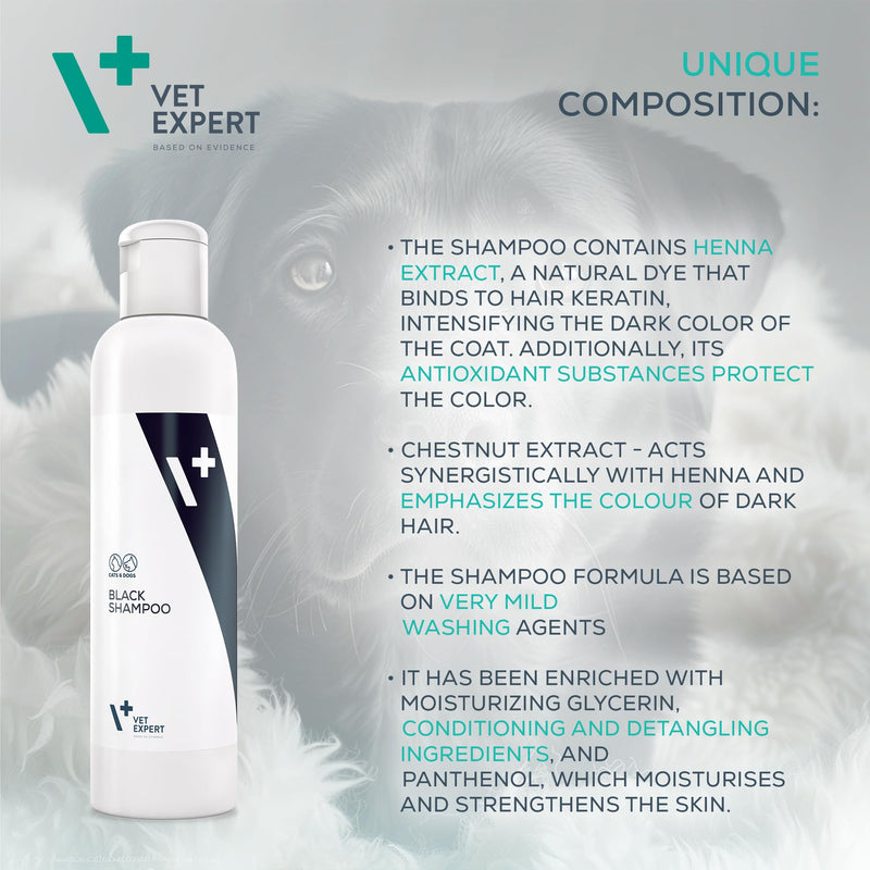 Vet Expert Black Shampoo for Dogs and Cats – Enhances and Intensifies Dark and Black Hair with Henna Extract, Panthenol, and Glycerine – 250ml