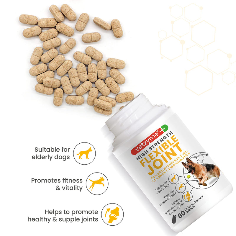 Vetzyme High Strength Flexible Joint Supplements for Senior Dogs (90 Tablets) - Hip and Joint Care with Chondroitin and Glucosamine, Tasty Chicken Flavour 90 tablets