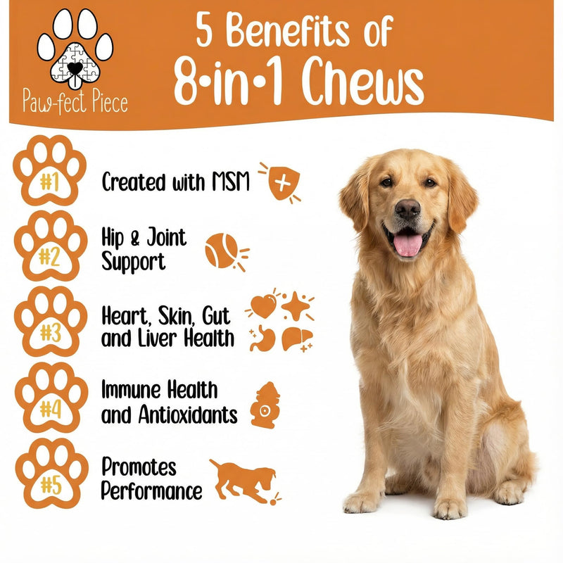 Paw-FECT Piece 8-in-1 Natural Dog Multivitamin Chews, Dog Supplement for Hips & Joints, Skin & Coats, Digestion, Immune Support, Omega 3, Anitoxidents, for All Ages and Breeds, Chicken-120 Count