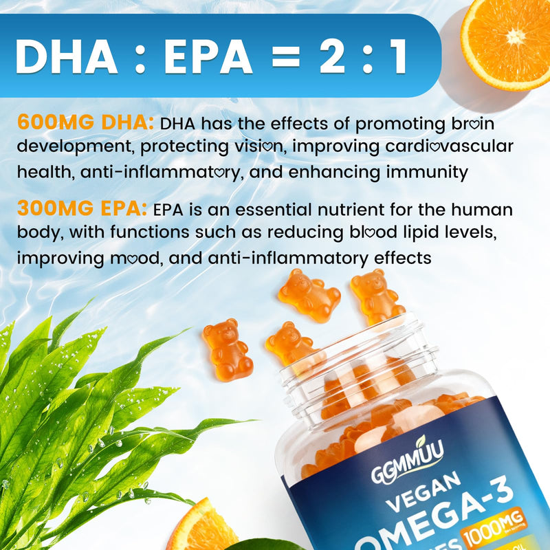 Vegan Omega 3 Gummies 1000mg, Orange Flavor, Sugar Free, 120 Count | Algal Oil Supplement with 600mg DHA & 300mg EPA for Eye & Immune Support, Non-GMO, Gluten Free, Pectin Based, No Fishy Burps 60 Count (Pack of 2)