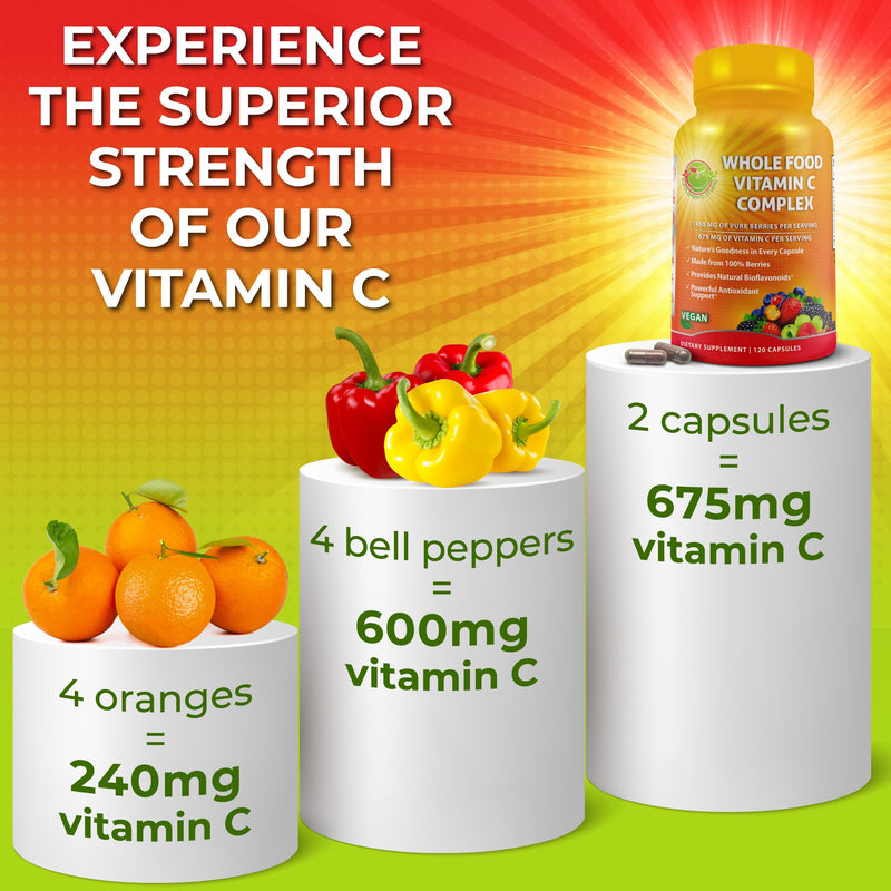 Whole Food Vitamin C Complex - 1450mg Organic Berries - 675 mg Vitamin C per Serving, High-Potency Antioxidant & Immune Support with Acerola, Amla and Natural Bioflavonoids - Vegan, Non-GMO, 120 Count Organic Vitamin C Capsule 675mg - 120 ct