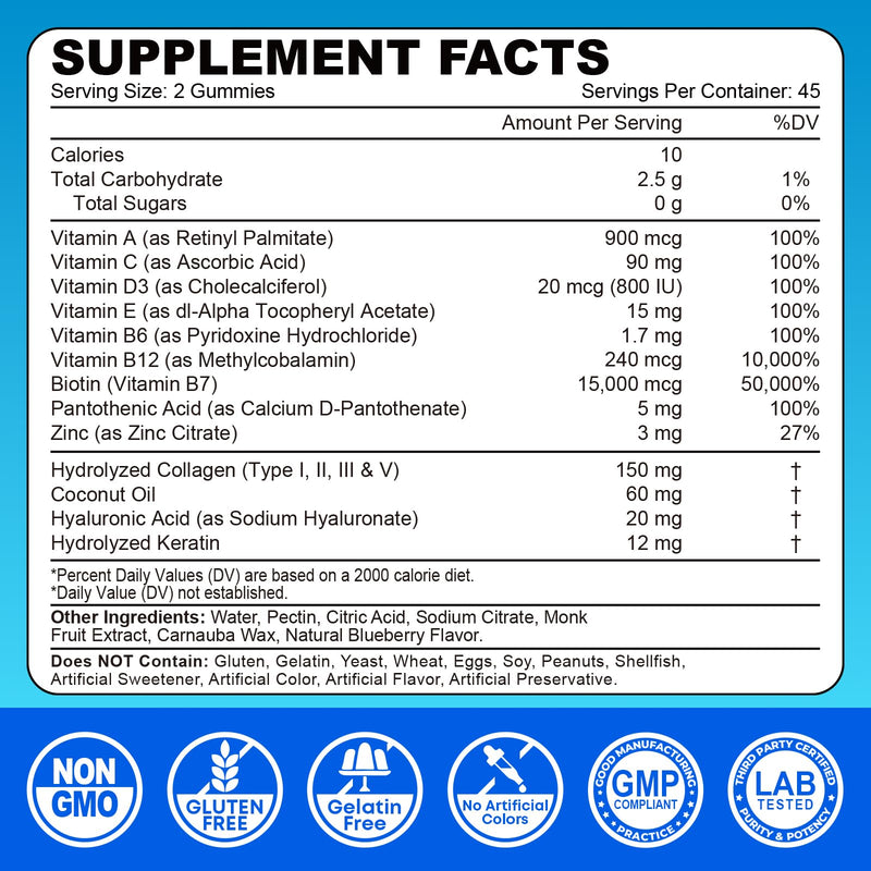 Biotin Gummies 15,000 mcg with Collagen & Keratin – 13-in-1 Hair Skin & Nails Gummies for Women & Men, Hair Growth, Sugar Free Non-GMO, Blueberry, 90 Count 90 Count (Pack of 1)