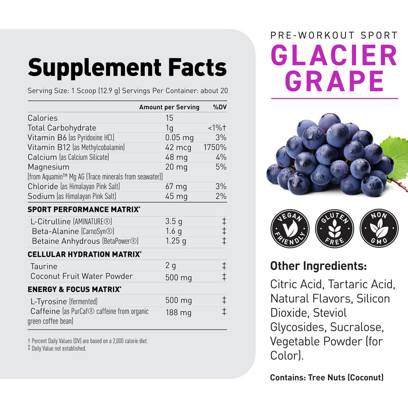 Kaged Sport Pre Workout Powder for Men & Women, Glacier Grape, Sport Certified, 188mg Caffeine, Nitric Oxide Supplement, Beta Alanine for Energy, Weightlifting, Cardio Endurance, Strength, 20 Servings