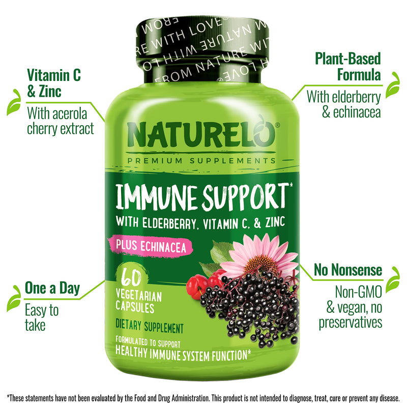 NATURELO Immune Support Supplement, Elderberry Vitamin C, 60 Vegan Capsules | Echinacea capsules with zinc, Immune Health, Natural Immunity Boost w/Antioxidant, Herbal & Mineral Defense