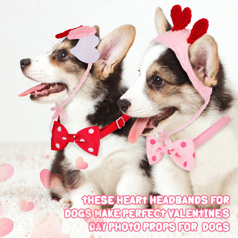 2Pcs Valentines Day Heart Headband for Cat and 2Pcs Pet Neck Bow Cat Valentines Day Headband with Ear Holes and Chin Straps Adjustable Dog Bow Tie Valentines Pink Red Heart Headband for Dogs Cats Pets - BeesActive Australia