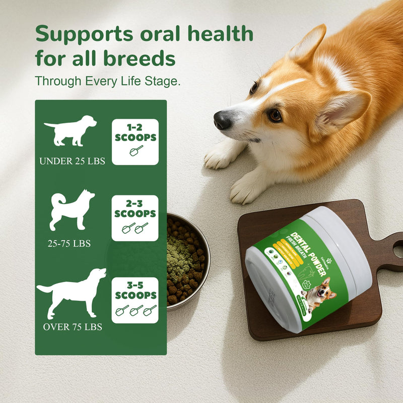 Dog Dental Powder, Dental Powder for Dogs Teeth Cleaning and Breath Fresh, Dog Dental Care with Natural Enzymes, Probiotics, Tartar Remover and Plaque Off - 150g