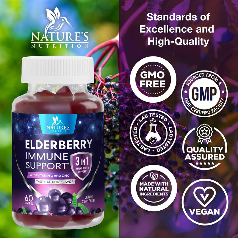 Elderberry Immune Support Gummies - 3X Strength Black Elderberry Gummy with Vitamin C, D3 and Zinc for Kids & Adults - Immune Health Support Supplement Gummy, Black Elder Berry Vitamins - 60 Gummies 60 Count (Pack of 1)