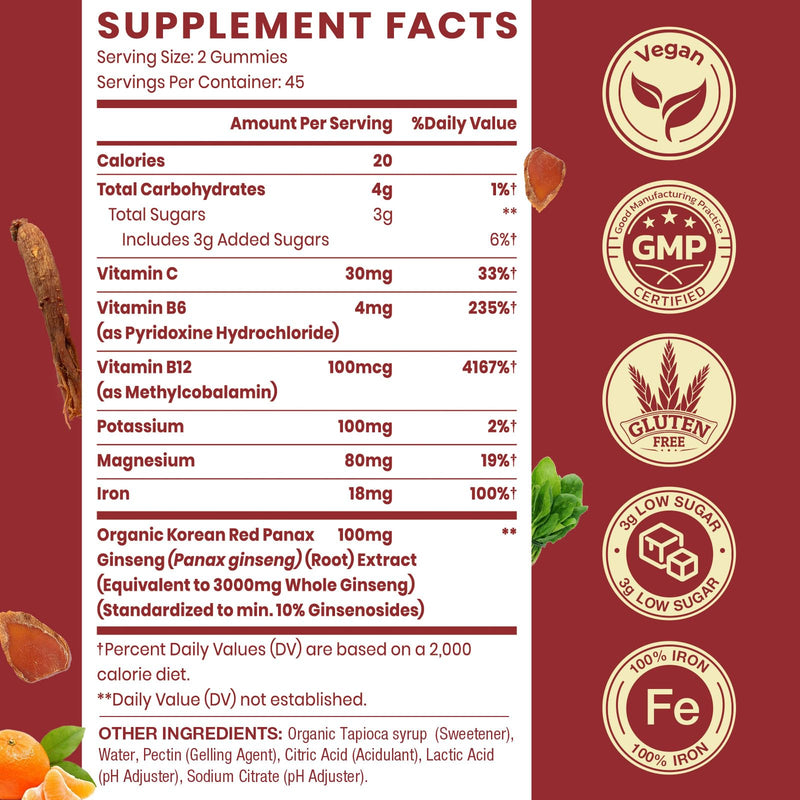Sapotax Korean Red Panax Ginseng Supplement Gummies - Iron Supplements for Women & Men - Iron Gummies with Vitamin C, B6, B12, Potassium & Magnesium, Vegan - 90 Count 90 Count (Pack of 1)