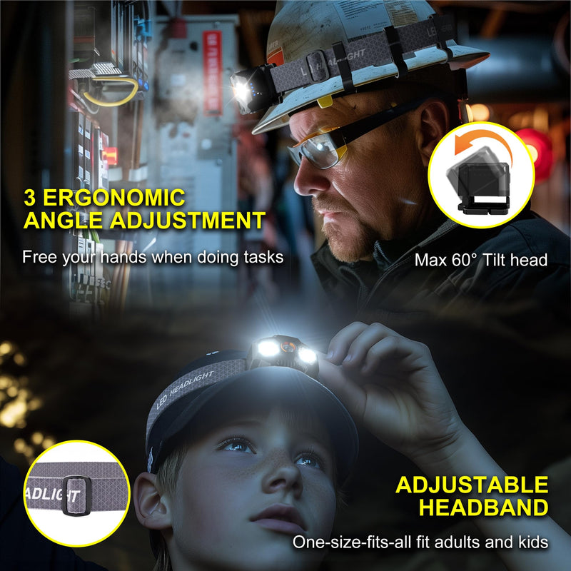 2 Pack Headlamp Rechargeable, 1400 Lumen Lightweight Head Lamps LED Rechargeable with White Green Red Light, Waterproof Motion Sensor Head Lamp,14 Modes with Memory Function for Running Black 2 Pack