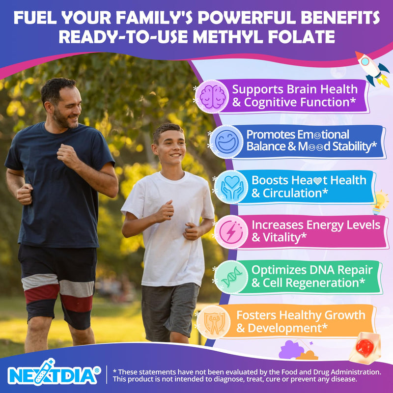 L-Methylfolate 1000mcg Methyl B12 Gummies, Omega-3 for Kids & Adults, 120Ct | Methylated Active 5-MTHF + Methyl B12, Choline TMG B6, DHA:EPA=3:1, Supports MTHFR Gene, Brain Energy Methylation, Sugar Free 60 Count (Pack of 2)