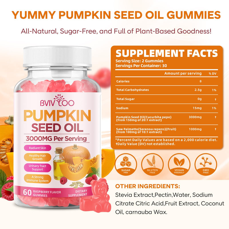 Pumpkin Seed Oil Gummies with Saw Palmetto, Organic Pumpkin Seed Oil Supplement, High-Purity Extract for Hair Growth, Skin Health, & Immune Support, Raspberry Flavor, 60 Count 1-pack