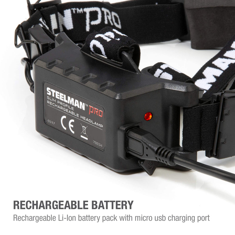 Steelman Slim Profile Rechargeable LED Motion-Activated Headlamp, 250-Lumen, 3 Brightness Settings, 20-Meter Range, Water-Resistant 250-Lumen LED Motion