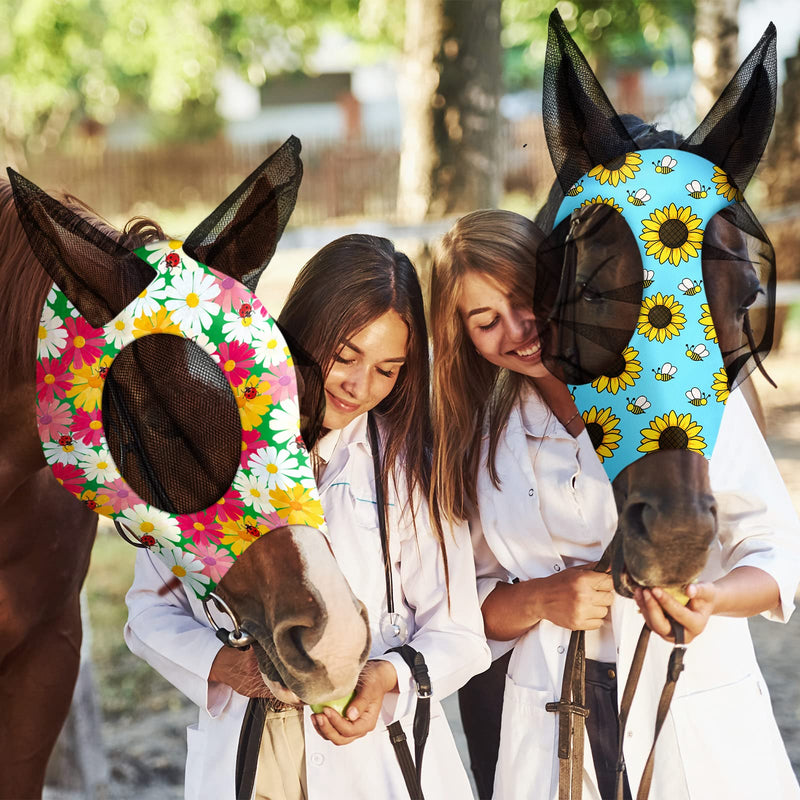 Weewooday 2 Pieces Horse Fly Masks for Horses Soft Fly Masks for Horses with Ears Smooth and Elasticity Fly Mask with UV Protection(L, Flower Patterns) L - BeesActive Australia