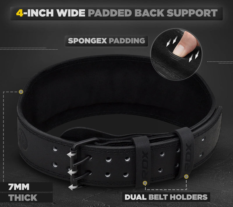 RDX Weight Lifting Belt Gym Fitness, Cowhide Leather, 4” 6” Padded Lumbar Back Support, 10 Adjustable Holes, Weightlifting Powerlifting Bodybuilding Deadlift Squat Workout Strength Training, Men Women Black 4 Inch L Fits 28 to 32 Inches