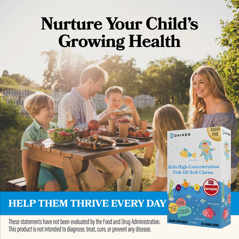 DAIKEN Kids Fish Oil Gummies-Sugar Free Omega 3 for Kids DHA/EPA & D3, 2Pk | High Potency 300mg Norwegian Omega-3 for Kids’ Brain Development & Immune Support, Individually Wrapped, Tropical Fruit, 30ct 30 Count (Pack of 2)