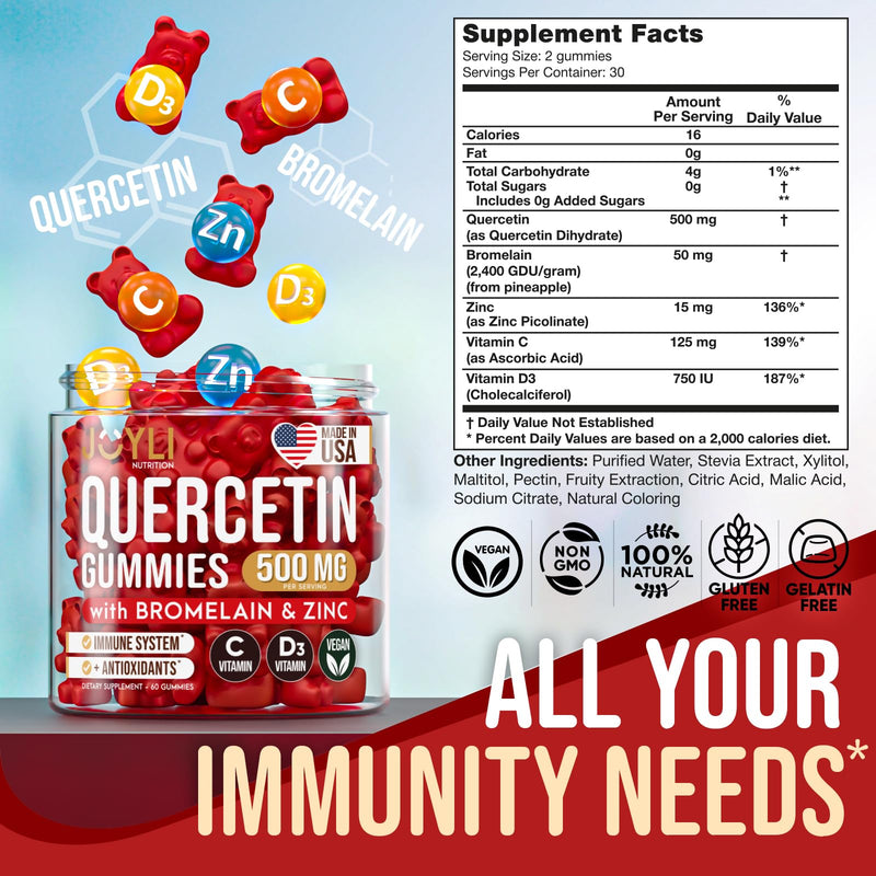 2 Pack - JOYLI Quercetin Gummies with Bromelain, Zinc, Vitamin C & D3 – Sugar-Free Quercetin Supplement for Immune Support & Seasonal Wellness – 500mg Quercetin for Kids & Adults – 60 Gummies per Pack 60 Count (Pack of 2)