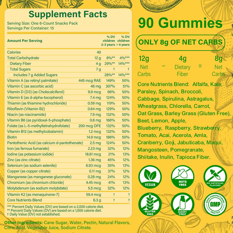 Greens Daily Gummies for Kids, Superfood Fruits and Veggies Blend with Spirulina, Chlorella, Prebiotics & Fiber, Adaptogens Multivitamin Supplement for Digestive Health, Non-GMO, 90 Count 90 Count (Pack of 1) Low Sugar