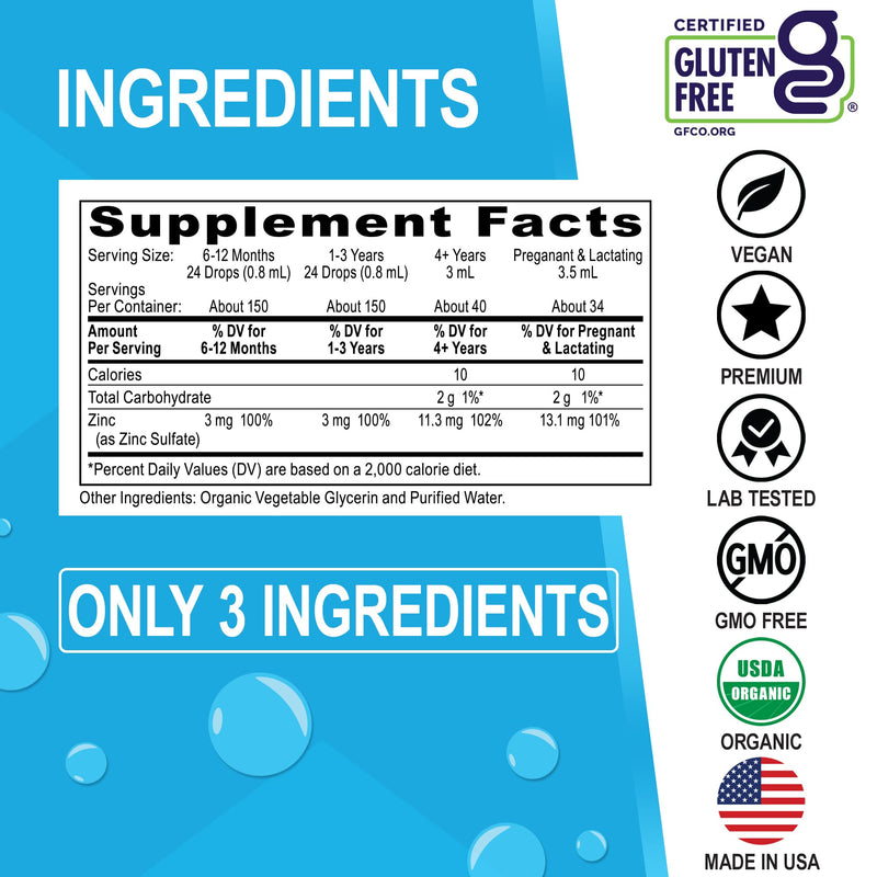 Zinc Supplements Liquid Drops Organic - Pure Organic Ionic Liquid Zinc Supplement Drops for Kids, Adults, Women & Men - Vegan, Skin Immune Support Supplements for Toddler Kids, Adults, Women, Men 4 Oz