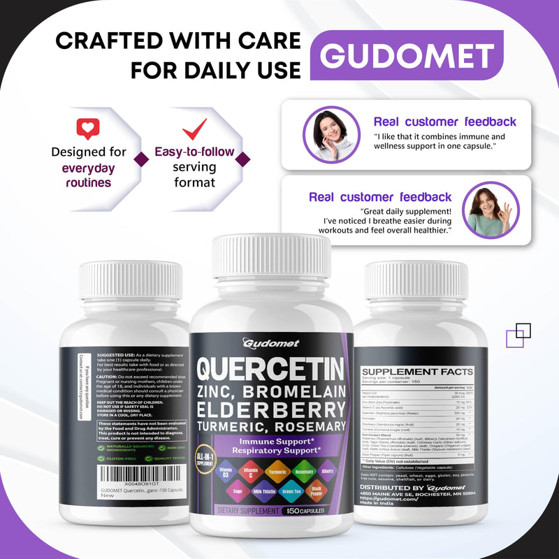 Quercetin Bromelain Zinc Vitamin D3 Elderberry Turmeric Rosemary Bilberry Sage Odorless Garlic Green Tea Milk Thistle Oregano -150 Capsules 150 count (pack of 1)