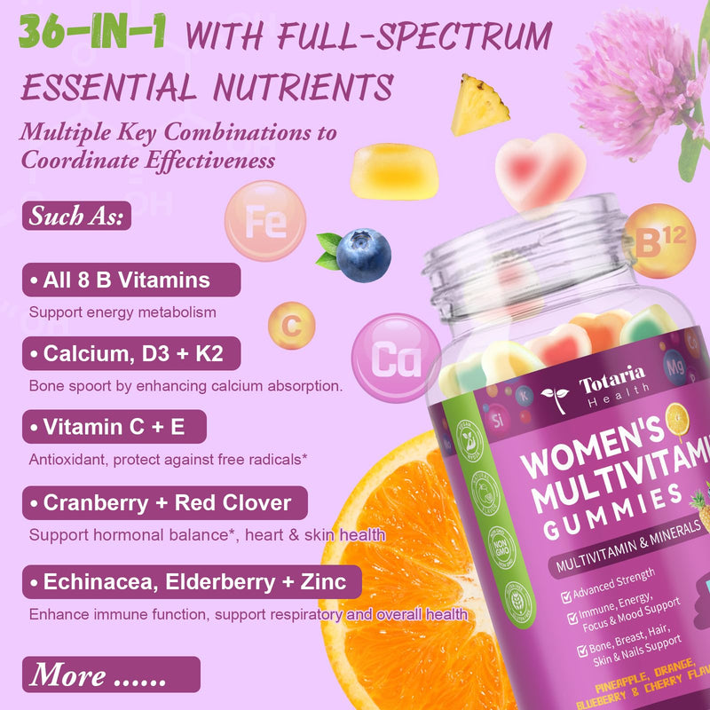 Totaria Sugar Free Multivitamin Gummies for Women 14+ w/Iron, Inositol, Folate, Biotin, Womens Daily Multivitamin Gummy w/Vitamin A, C, B, D3, K2, for Hair, Skin, Energy, Immune, Mixed Flavors 60 Count (Pack of 1)