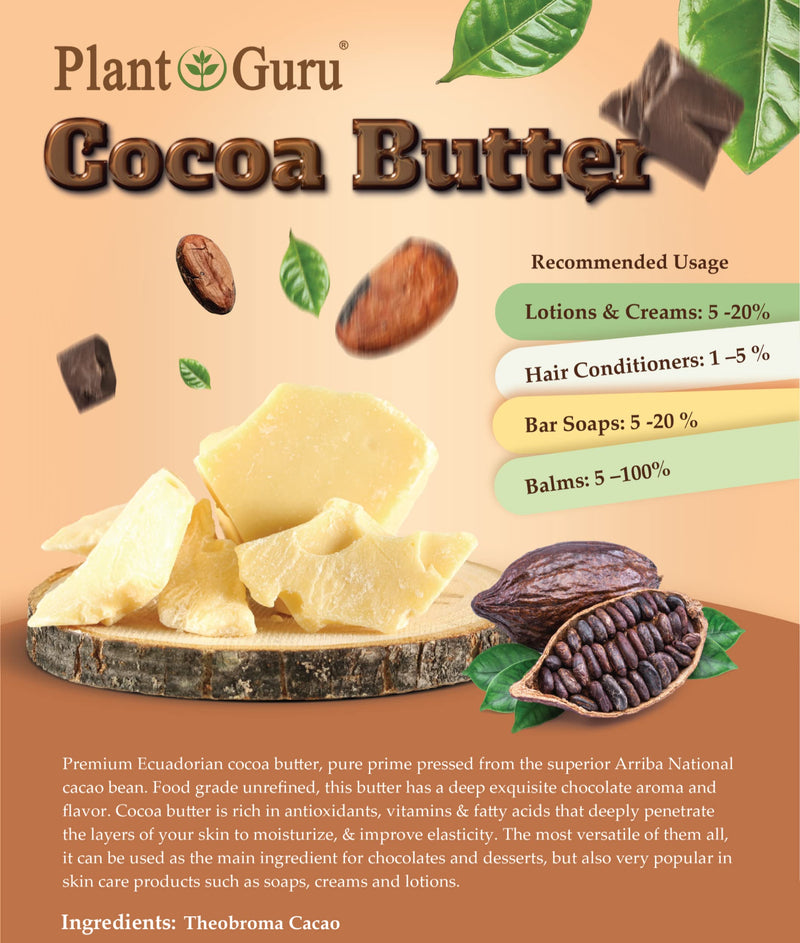 Plant Guru Raw Cocoa Butter 16 oz. / 1 lb. 100% Pure Unrefined FOOD GRADE Arriba Nacional Cacao Bean, Bulk Rich Chocolate Aroma For Lip Balms, Stretch Marks, DIY Base For Body Butters & Soap Making 16 Ounce (Pack of 1) - BeesActive Australia