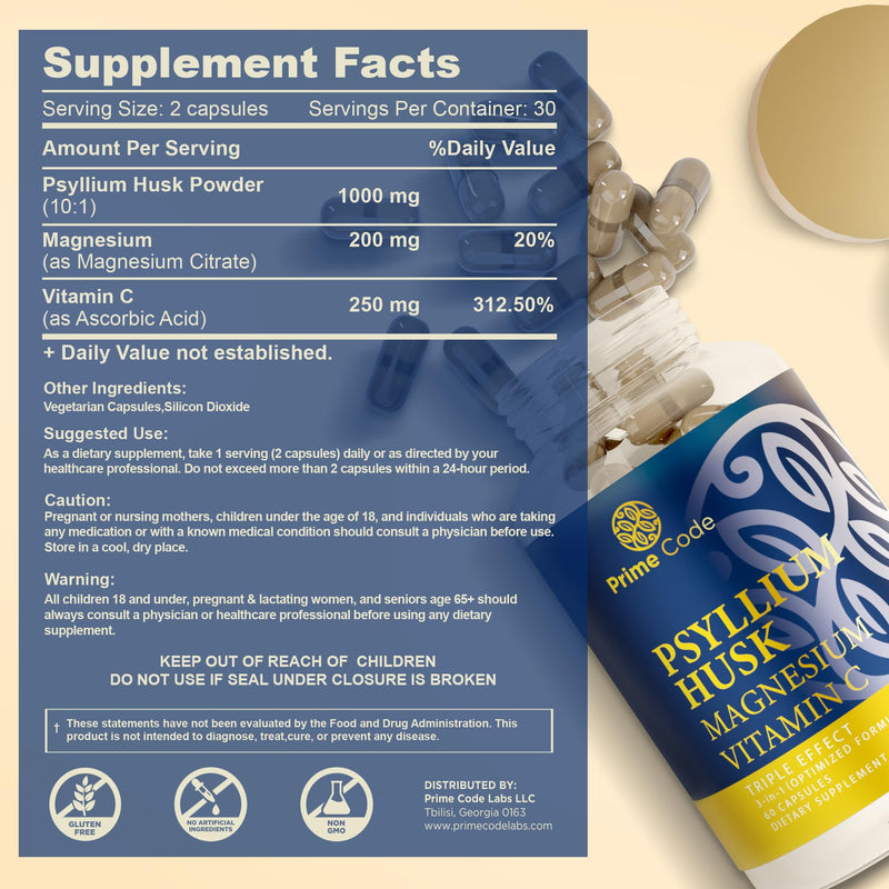 Prime Code [ 3 𝐢𝐧 𝟏] Psyllium Husk Capsules with Magnesium Citrate and Vitamin C | Psyllium Husk Capsules 1000mg | Magnesium Citrate 200mg | Vitamin C 250mg | Non-GMO | Gluten & Soy Free | Vegan