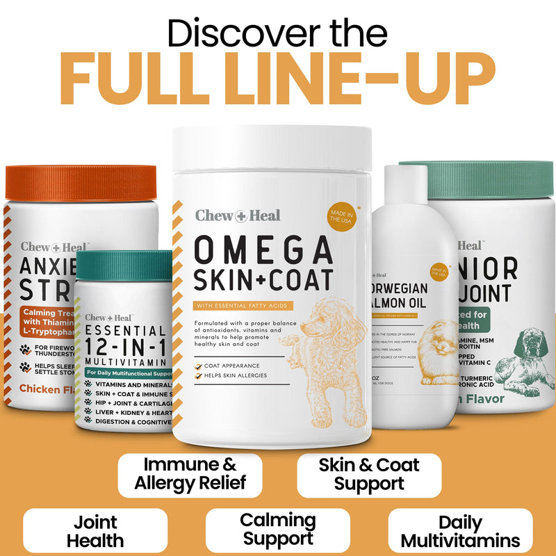 Omega 3 Fish Oil for Dogs - 180 Soft Chews - Itch Relief, Shedding & Hot Spots - Dog Allergy Relief - Salmon Oil Skin & Coat Supplement - EPA DHA - Chicken Flavor - Made in USA | Chew + Heal 180 Chews